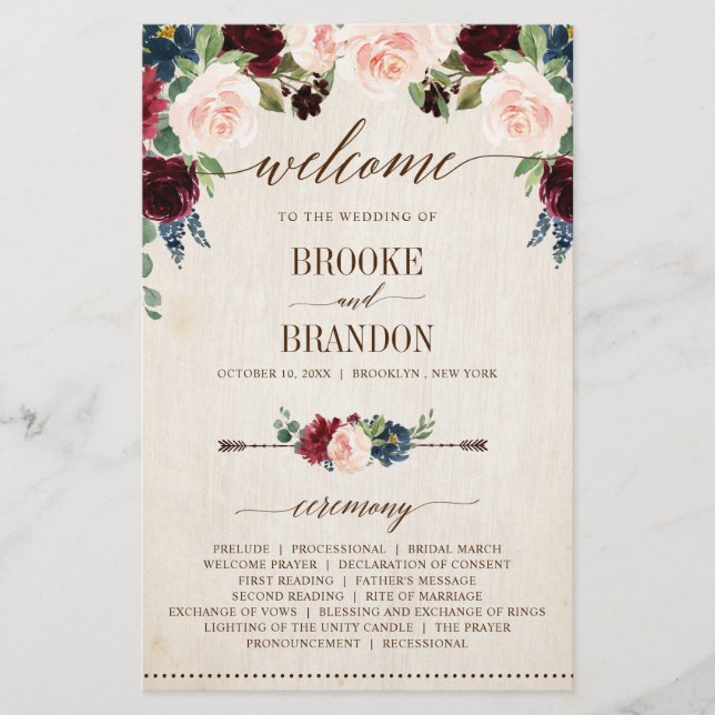 Burgundy Navy Floral Rustic Country Programme (Devant)