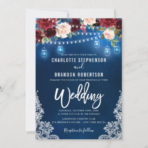 Burgundy Navy Floral Rustic String light Mason Jar Einladung