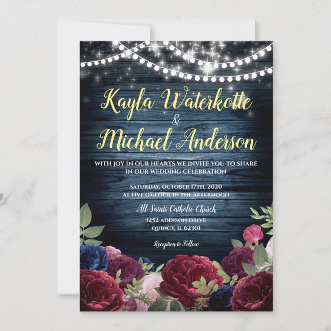 Burgundy & Navy Floral Rustic Wedding Invitation (Devant)