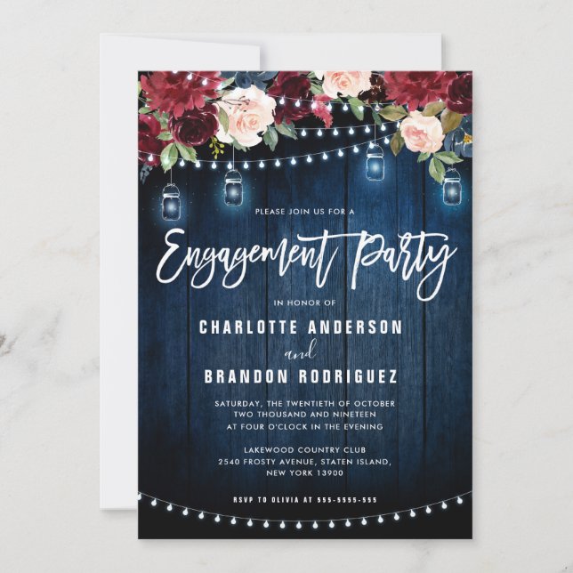 Burgundy Navy Floral String Light Engagement Party Einladung (Vorderseite)