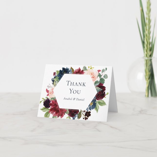 Burgundy Navy Floral Watercolor Danke Karte (Vorderseite)