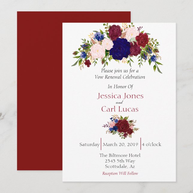 Burgundy Navy Floral Watercolor Vow Erneuerung Einladung (Vorne/Hinten)