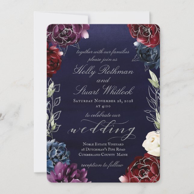 Burgundy Navy Garden Wedding Einladung (Vorderseite)