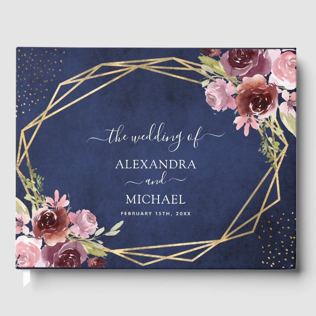 Burgundy Navy Geometric Floral Wedding Gästebuch (Vorderseite)