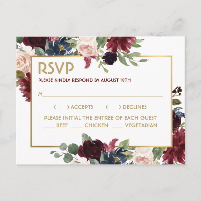 Burgundy Navy Gold Bouquet Wedding Response UAWG Postkarte (Vorderseite)