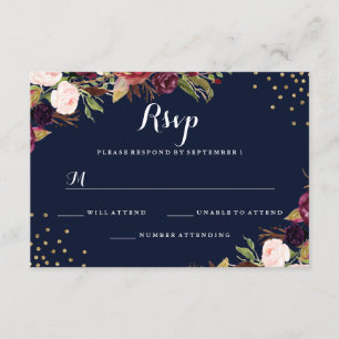 Burgundy Navy Gold Confetti Floral Wedding RSVP Karte