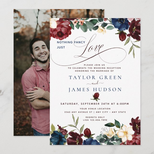 Burgundy Navy | Lässige Hochzeitsempfehlung Einladung (Vorne/Hinten)