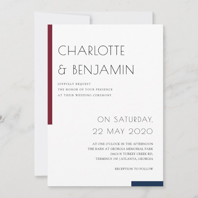 Burgundy Navy Minimalistische einfache Hochzeit im Einladung (Vorderseite)