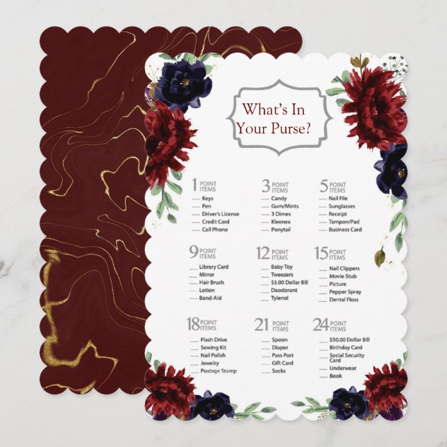 Burgundy Navy Peony Gold Brautparty Game Einladung (Vorne/Hinten)
