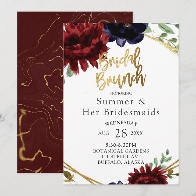 Burgundy Navy Peony Gold Bridesmaids Luncheon Einladung (Vorne/Hinten)