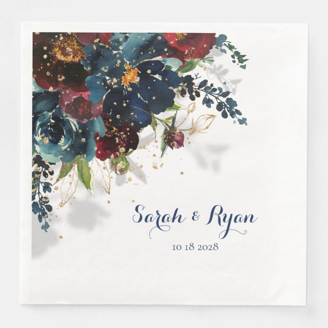 Burgundy Navy Peony Sparkling Gold Floral Shadow Serviette (Vorderseite)