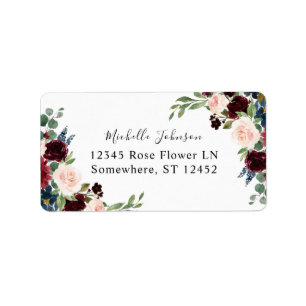 Burgundy & Navy Pink Floral 2 Rücksendeadresse Lab Adressaufkleber