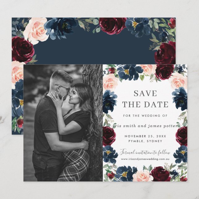 Burgundy Navy Pink Floral Foto Save the Date Karte (Vorne/Hinten)