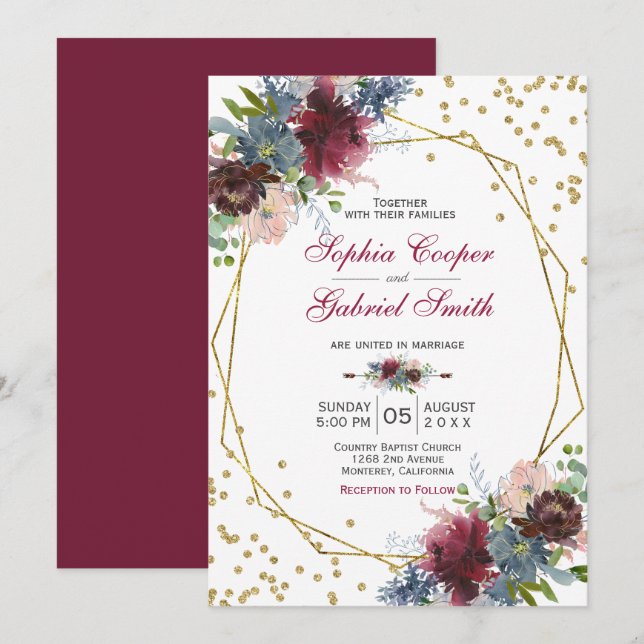 Burgundy Navy Pink Floral | Gold Frame Wedding Einladung (Vorne/Hinten)