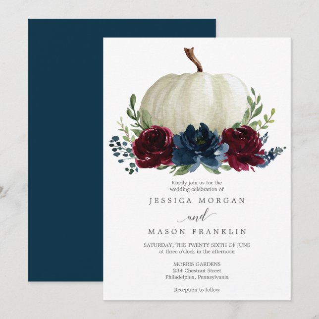 Burgundy Navy Pumpkin Fall Floral Wedding Einladung (Vorne/Hinten)