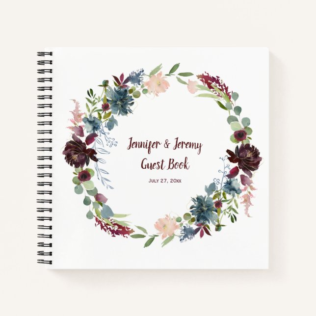 Burgundy Navy Rose Gold Floral Guest Book Notizbuch (Vorderseite)