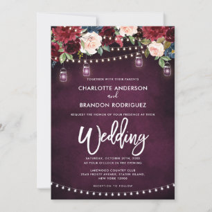 Burgundy Navy Rustic String Light Wedding Einladung
