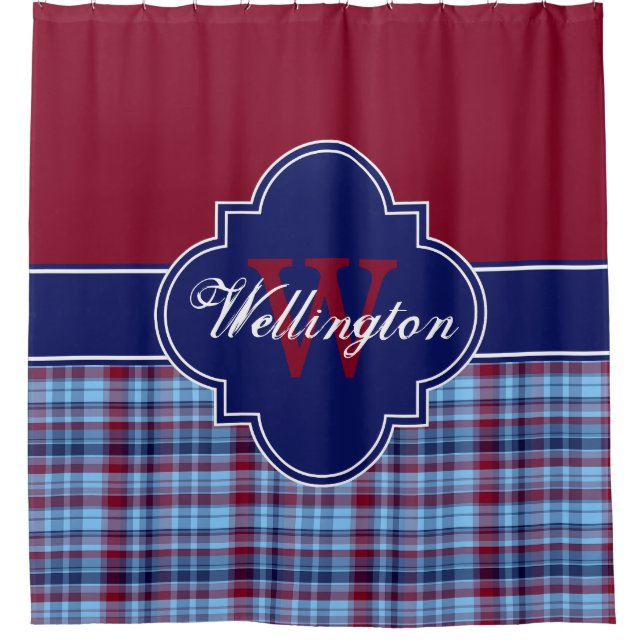 Burgundy Navy Sky Blue Madras Kariert 1ICBR Name Duschvorhang (Vorderseite)