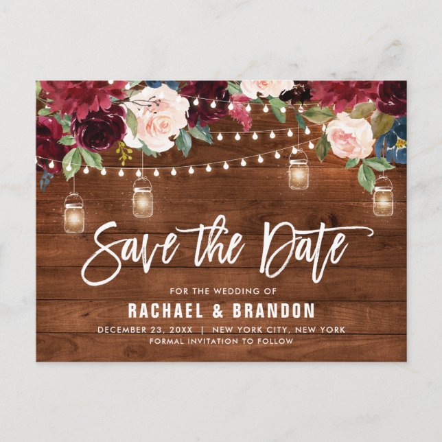 Burgundy Navy String Light Mason jar Save the Date Postkarte (Vorderseite)