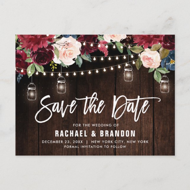 Burgundy Navy String Light Mason jar Save the Date Postkarte (Vorderseite)