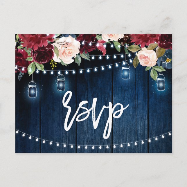 Burgundy Navy String Light Mason Jar UAWG Postkarte (Vorderseite)