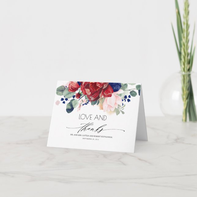 Burgundy Navy und Blush Floral Vielen Dank Dankeskarte (Vorderseite)