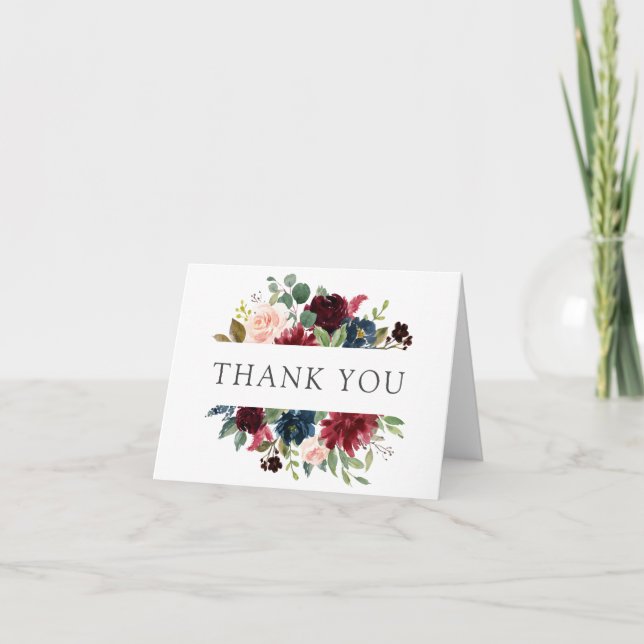 Burgundy Navy und Blush Floral Vielen Dank Dankeskarte (Vorderseite)