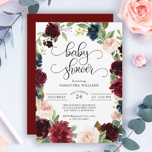 Burgundy Navy und Blush Pink Floral Baby Dusche Einladung