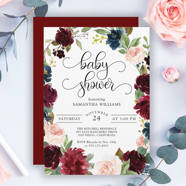Burgundy Navy und Blush Pink Floral Baby Dusche Einladung (Von Creator hochgeladen)
