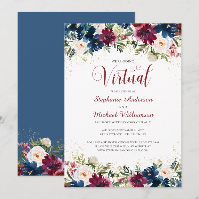 Burgundy Navy Wasserfarben Virtual Wedding Einladung (Vorne/Hinten)