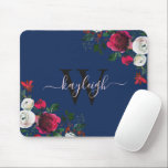 Burgundy Navy Watercolor Floral Name Monogrammed Mousepad<br><div class="desc">Burgundy navy watercolor botanical peony rose floral personalized monogrammed Mouse Pad. Burgundy, marsala, white watercolor peony roses, botanical floral design with dark green leaves and berries on dark navy blue background. Feature an elegant swirly handwritten typography design with your custom name, monogram and pretty burgundy, white peony roses arrangement. Perfekter...</div>