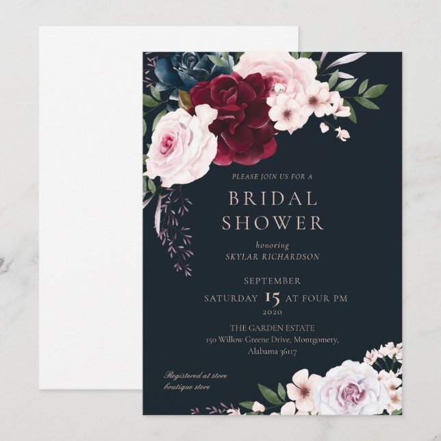 Burgundy Navy Watercolor Florals Brautparty Einladung (Vorne/Hinten)
