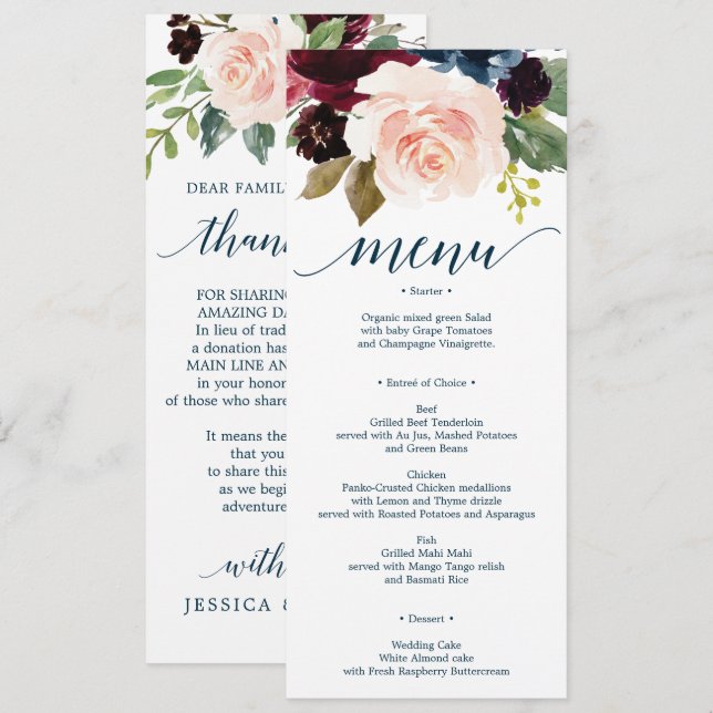 Burgundy Navy Wedding Menü und vielen Dank Einladung (Vorne/Hinten)