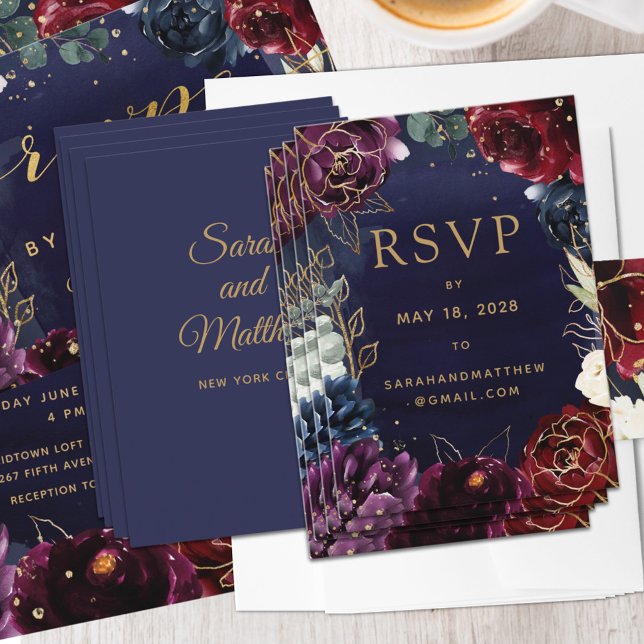 Burgundy Navy Wedding Online RSVP Card Visitenkarte (Von Creator hochgeladen)