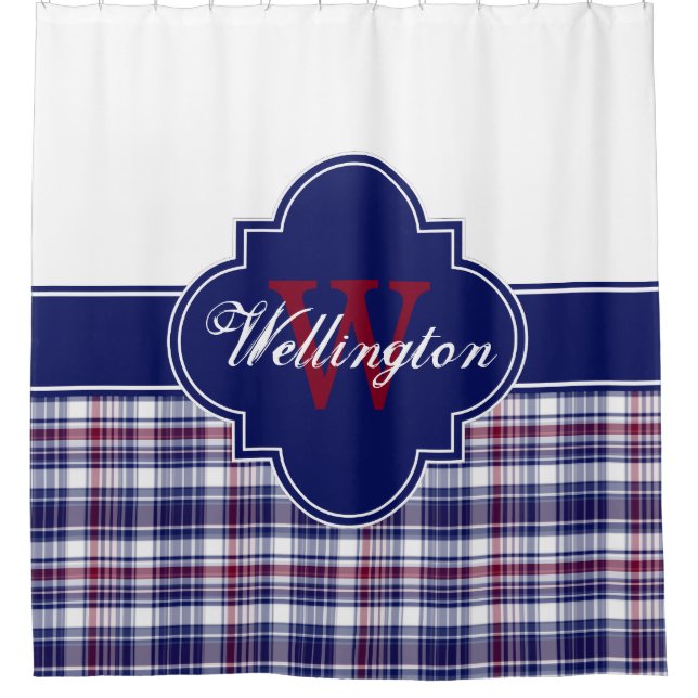 Burgundy Navy White Madras Kariert 1ICB Ribbon Nam Duschvorhang (Vorderseite)