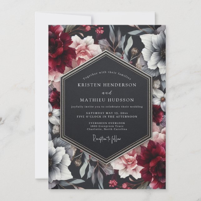 Burgundy Noir Floral Wedding Einladung (Vorderseite)