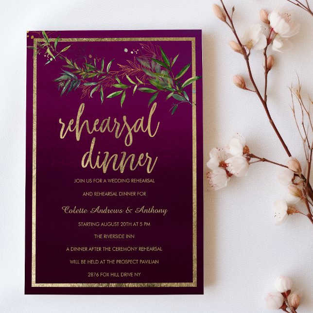 Burgundy ombre green gold foliage Rehearsal Dinner Einladung (Burgundy ombre green gold foliage Rehearsal Dinner )