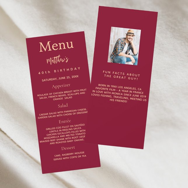 Burgundy or photo fun faits carte de menu d'annive (Créateur téléchargé)