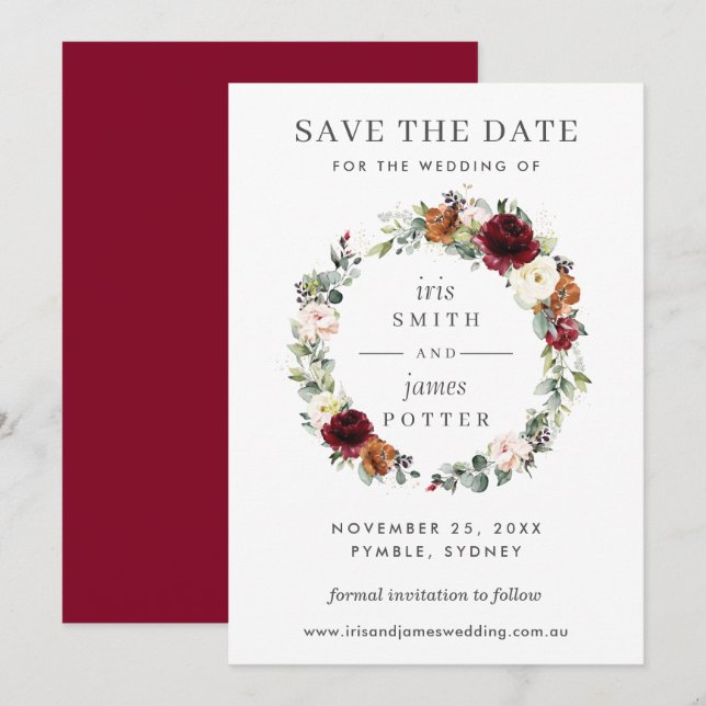 Burgundy Orange Bloral Wedding Save the Date Card Einladung (Vorne/Hinten)