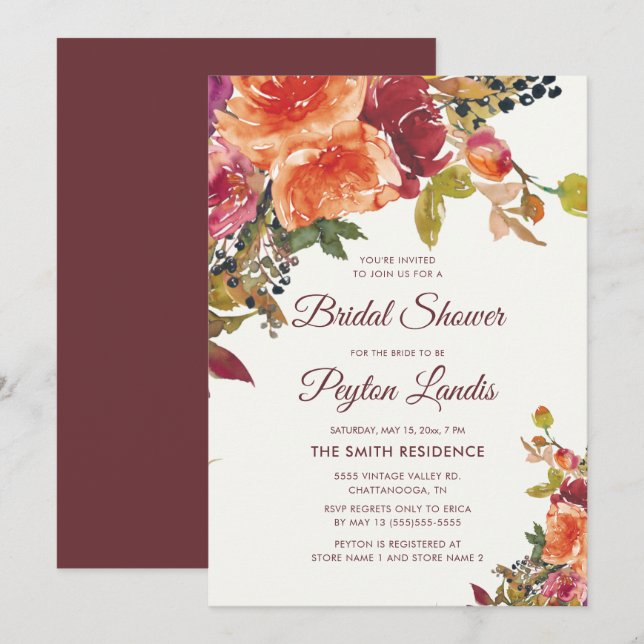 Burgundy Orange Blue Floral Blätter Brautparty Einladung (Vorne/Hinten)