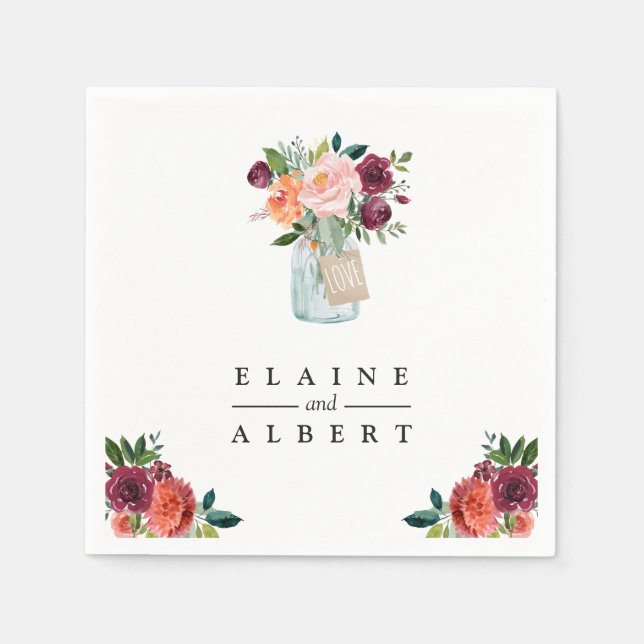 Burgundy Orange Blume Mason Jar Wedding Paper Serviette (Vorderseite)