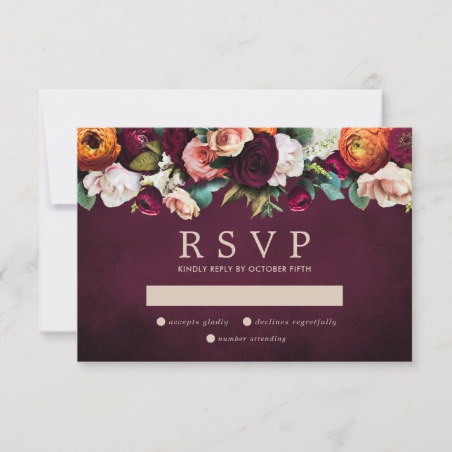 Burgundy Orange Blush Pink Floral Wedding RSVP Karte (Vorderseite)