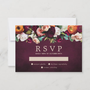 Burgundy Orange Blush Pink Floral Wedding RSVP Karte