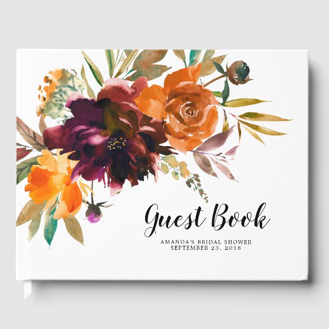 Burgundy Orange Floral Baby Brautparty Gästebuch (Vorderseite)