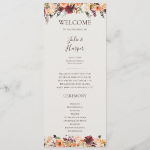 Burgundy Orange Floral   Beige Hochzeitsprogramm Programm