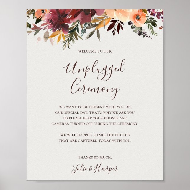 Burgundy Orange Floral | Beige Unplugged Zeremonie Poster (Vorne)