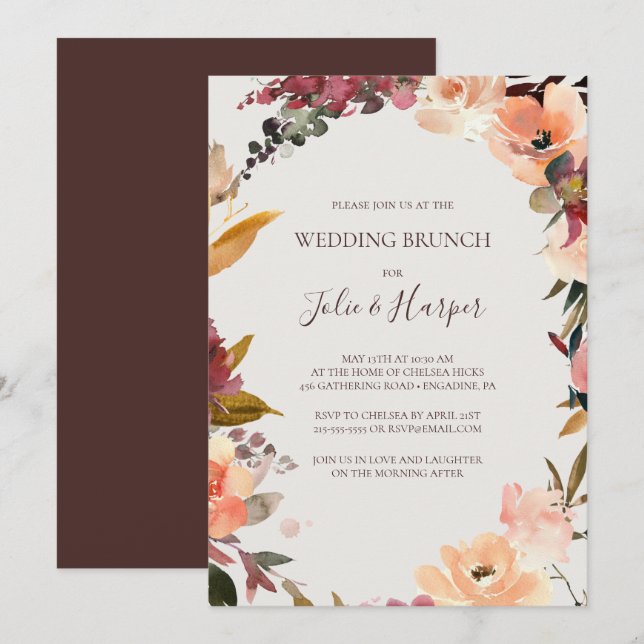 Burgundy Orange Floral | Beige Wedding Brunch Einladung (Vorne/Hinten)