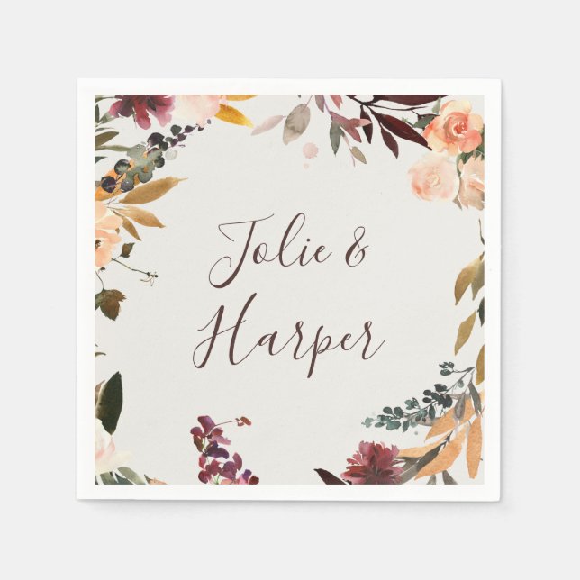 Burgundy Orange Floral | Beige Wedding Napkins Serviette (Vorderseite)
