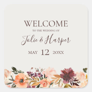 Burgundy Orange Floral Beige Wedding Welcome Quadratischer Aufkleber