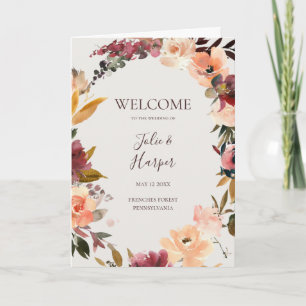 Burgundy Orange Floral Beigefaltete Hochzeit Programm